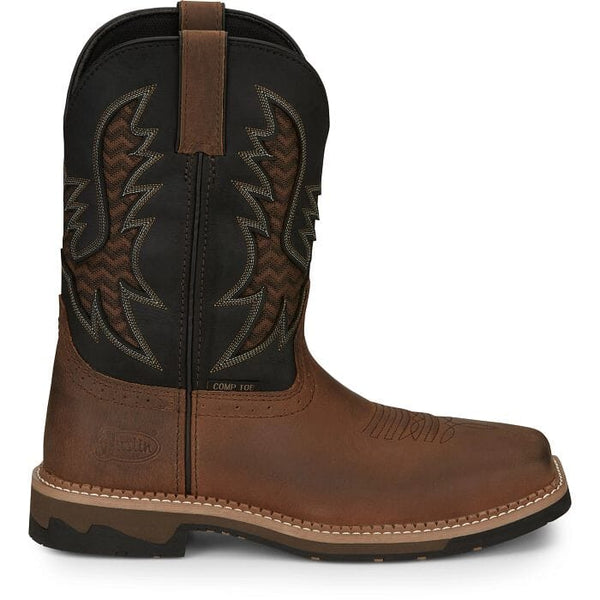 right side view of mens western square toe work boot with brown vamp and black shaft with brown and black vent and white and tan embroidery