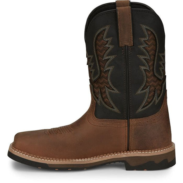 left side view of mens western square toe work boot with brown vamp and black shaft with brown and black vent and white and tan embroidery