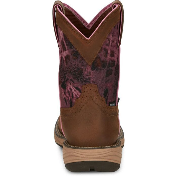 back view of brown cowgirl boot with pink camo print on shaft and pink piping