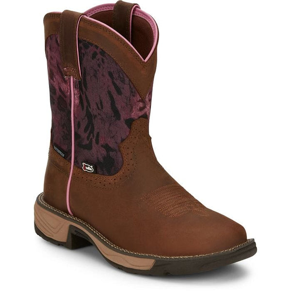 right angled view of brown cowgirl boot with pink camo print on shaft and pink piping