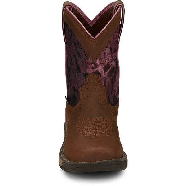 front view of brown cowgirl boot with pink camo print on shaft and pink piping