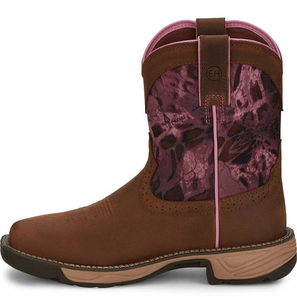 left side view of brown cowgirl boot with pink camo print on shaft and pink piping