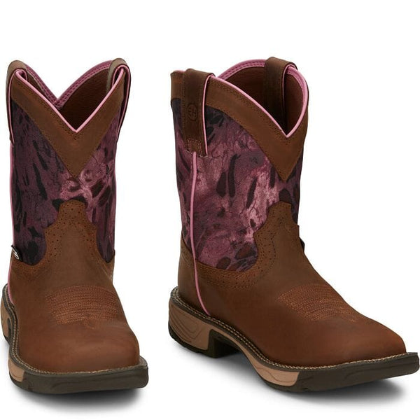 brown cowgirl boots with pink camo print on shaft and pink piping