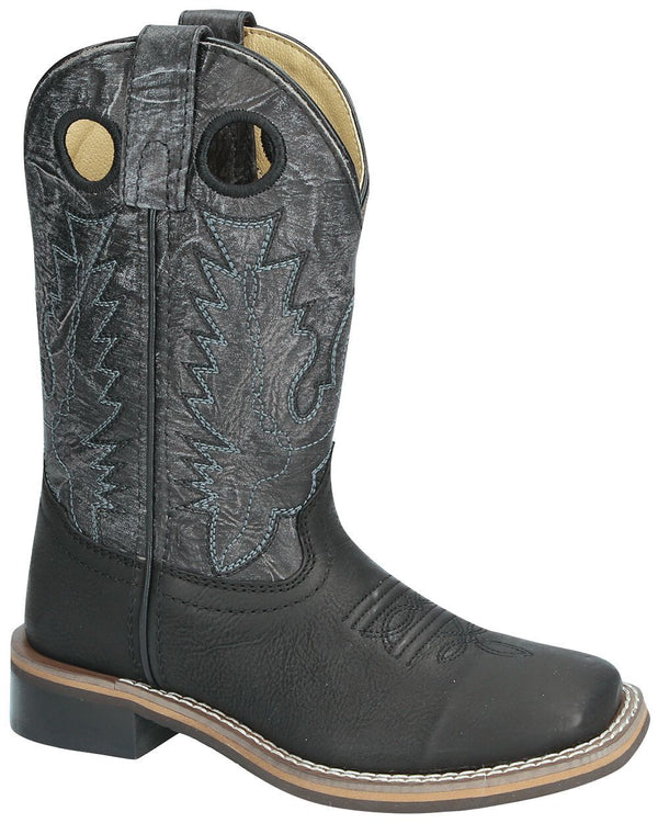 cowboy boot with black vamp and distressed black shaft with blue embroidery