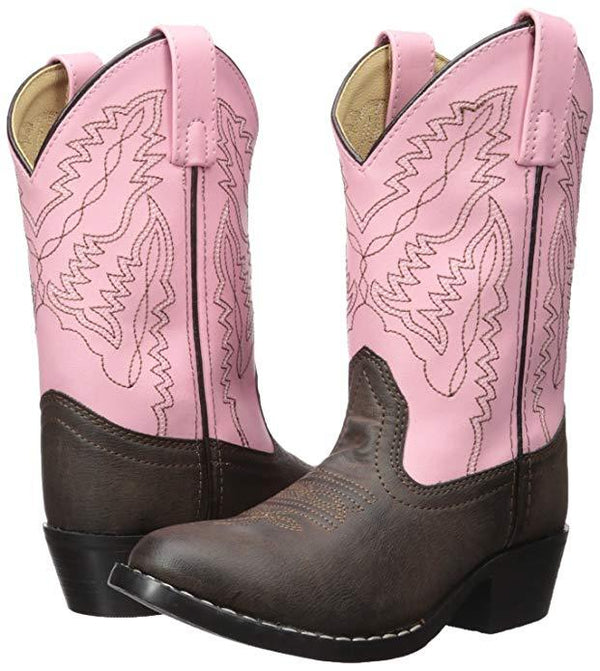 two cowgirl boots with brown vamp, pink shaft with brown embroidery