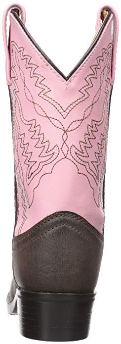 back of cowgirl boot with brown vamp, pink shaft with brown embroidery