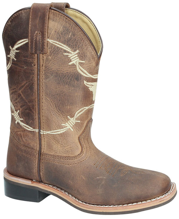 brown cowboy boot with barbed wire design embroidered on shaft