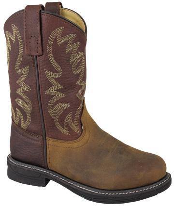 cowboy boot with light brown vamp. brown/red shaft with light brown embroidery 