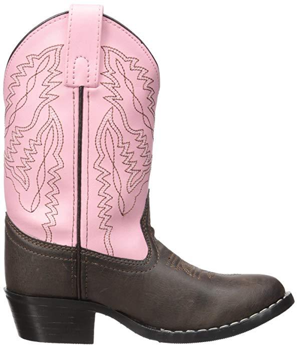 side of cowgirl boot with pink shaft, brown vamp, and brown embroidery