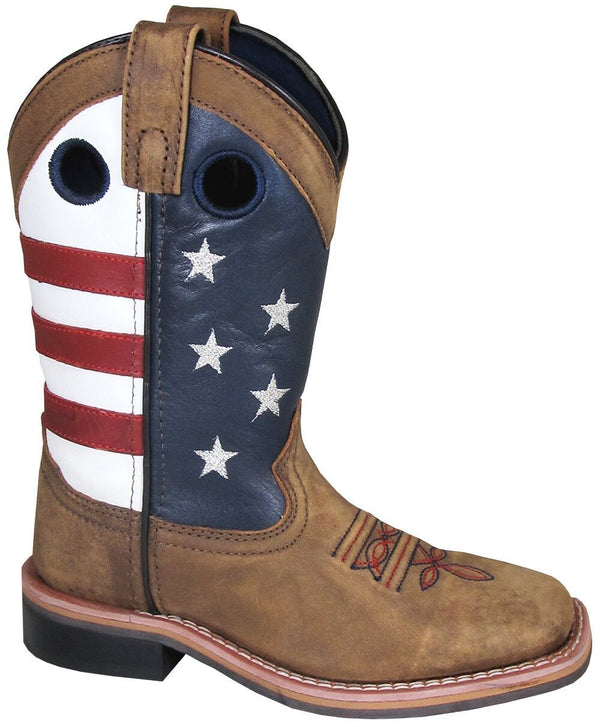 cowboy boot with american flag shaft and blue and red embroidery on light brown vamp