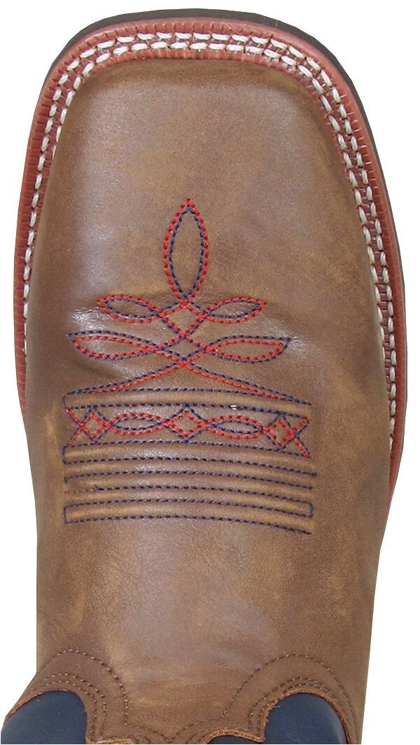 square toe on brown boot with red and blue embroidery 