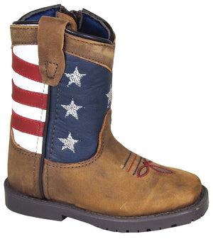 toddler cowboy boot with american flag shaft and brown vamp with red and blue embroidery 