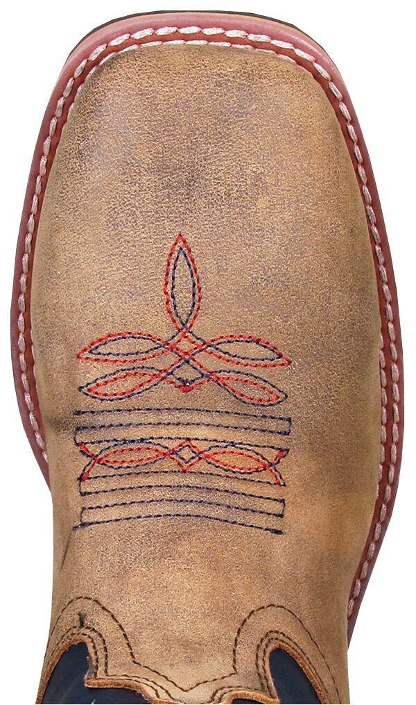 square toe with red and blue embroidery on brown vamp