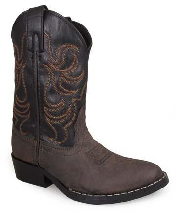 cowboy boot with brown vamp, black shaft with brown and light brown embroidery