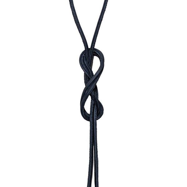 black leather shoe lace tied in figure eight knot