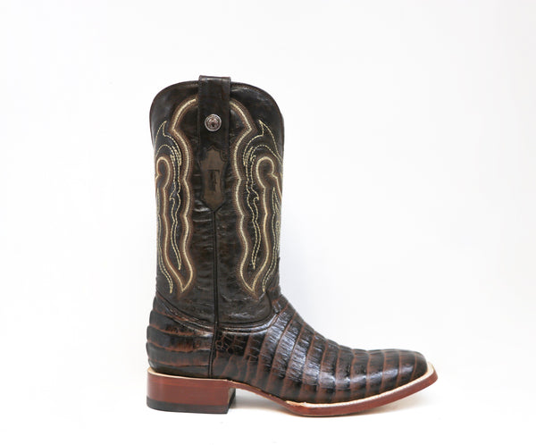 side of dark brown cowboy boot with alligator skin vamp and yellow, white, and brown embroidery on shaft