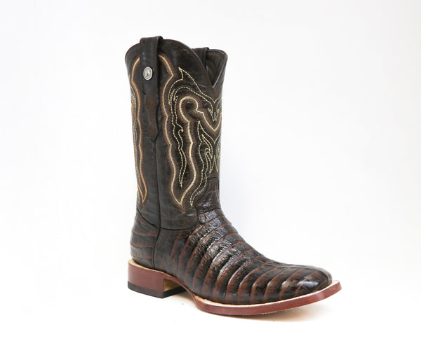 dark brown cowboy boot with alligator skin vamp and yellow, white, and brown embroidery on shaft
