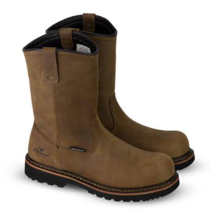 high top pull on brown boot with black sole