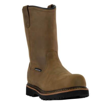 angled view of high top pull on brown boot with black sole