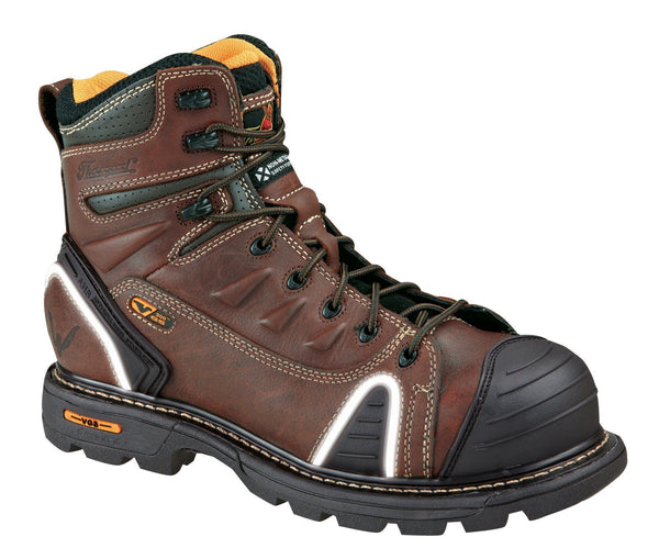 mens reddish brown workboot with black sole, collar, toe and white accents.