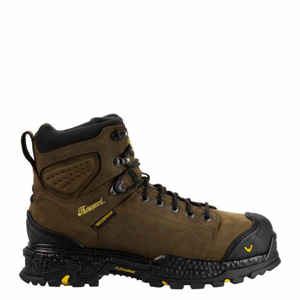 side of brown boots with black toe guard, black sole and laces, and yellow logo on side