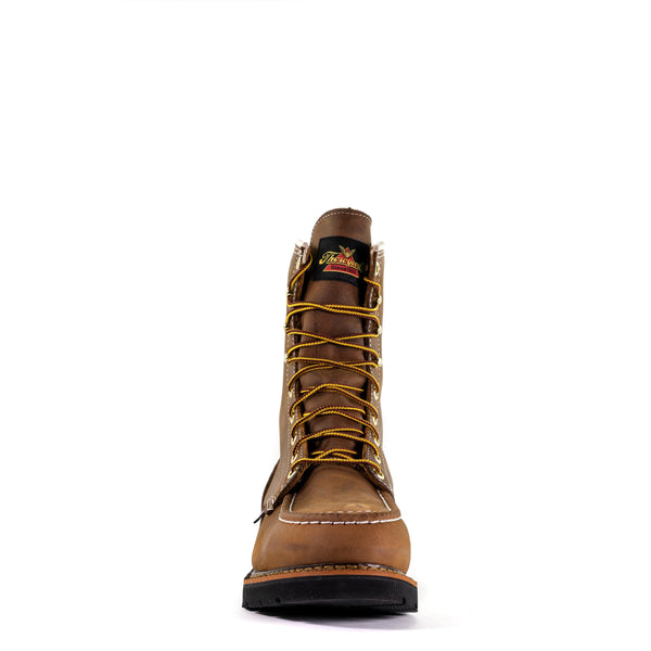 mens brown logger boot with white stitching and gold/brown laces, front view