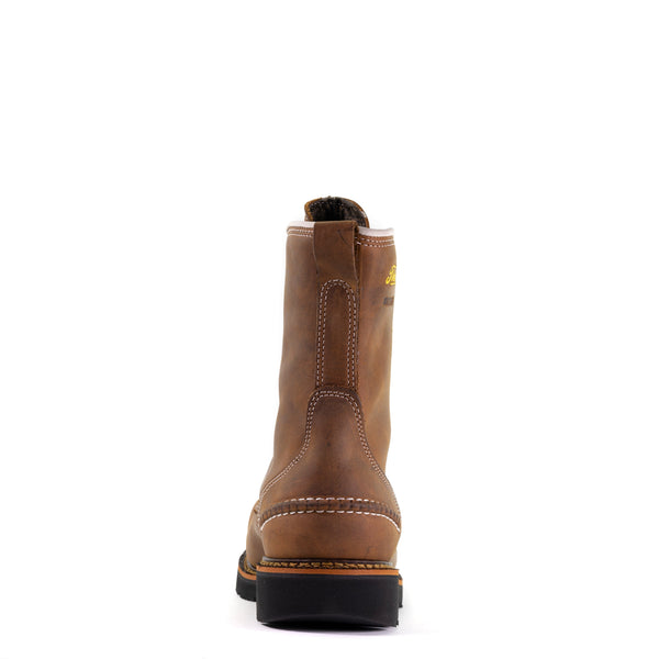 mens brown logger boot with black sole white stitching, back view