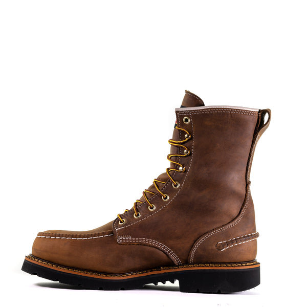 mens brown logger boot with black soles white stitching, left side view