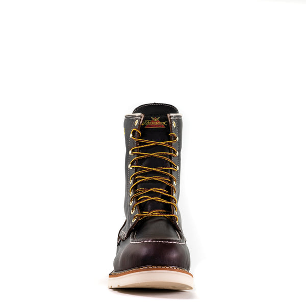 front view of dark brown high top moccasin style boot with yellow/brown laces and thorogood logo on top of tongue.