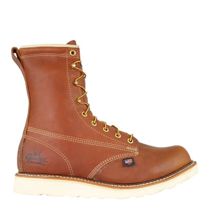 mens brown logger boot with white interior, sticthing, and sole. Black thorogood logo stamped on heel with gold/red laces. right view