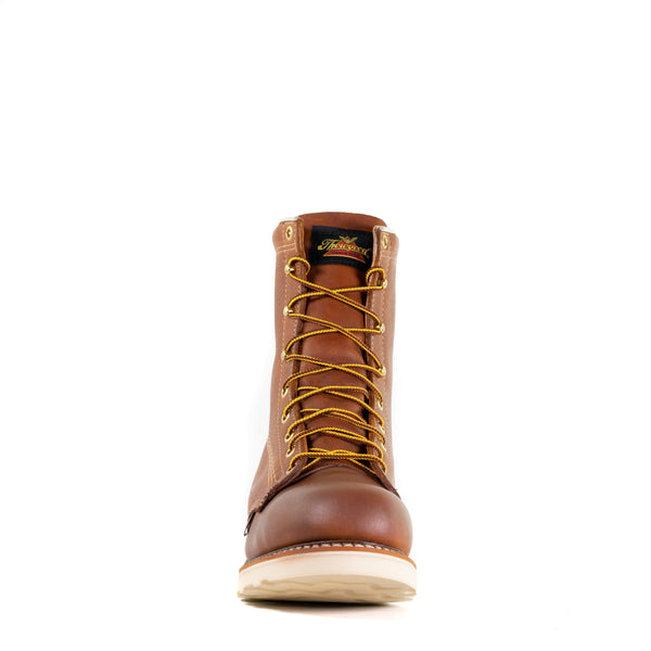 mens brown logger boot with white interior, sticthing, and sole. with gold/brown laces. front view
