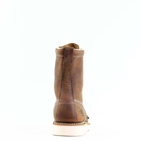 back view of mens brown logger boot with white sole and stitching.