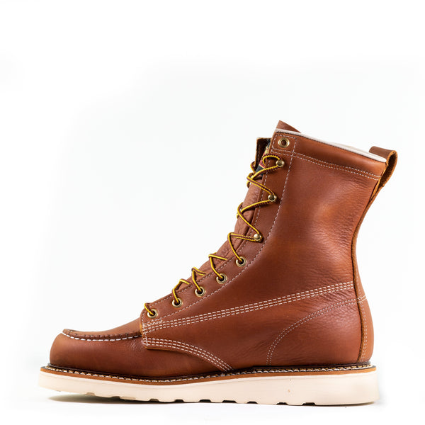 left side view of mens light brown logger boot with white sole, stitching and interior. Yellow laces.