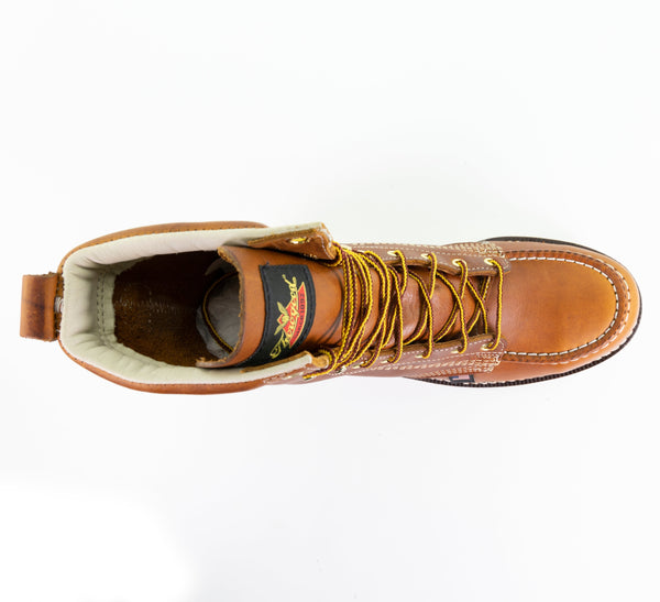 top down view of mens light brown logger boot with white sole, stitching and interior. Yellow laces.