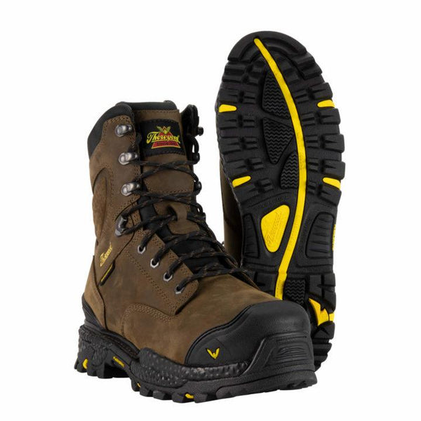 Men's brown leather composite work boot. Black rubber toe, soles, and ankle cuff. Yellow Thorogood logo on tongue and outside ankle. Bottom tread view of boot with yellow accents and thorogood logo