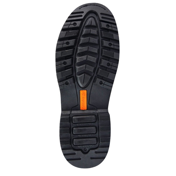 Bottom view of boot tread with orange thorogood logo in center of boot sole