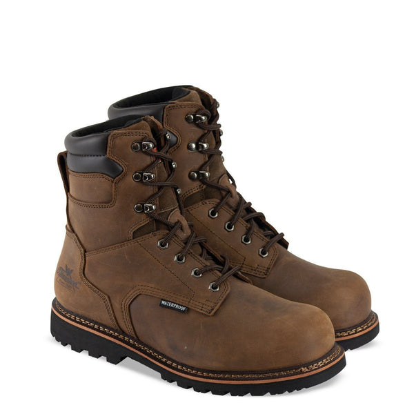 Men's brown leather waterproof boot with black soles, dark brown laces, and thorogood logo on boot tongue