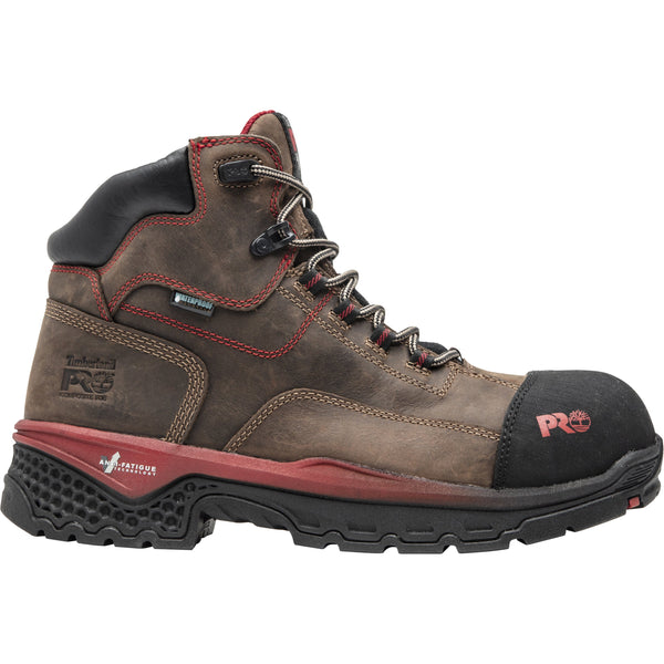 Mens Brown Work boot with black sole, toe and collar. with red accents