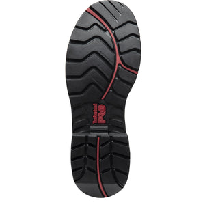 Mens Brown Work boot with black sole, toe and collar. with red accents bottom view
