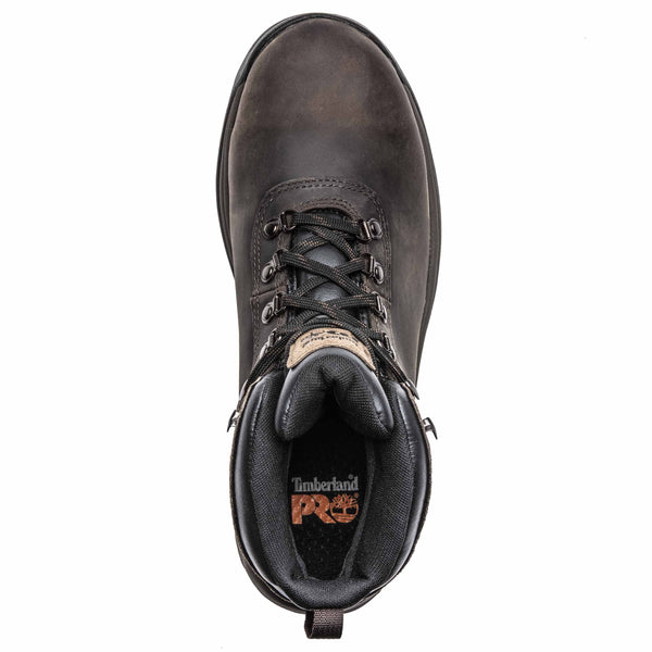 Mens greyish brown boot with tan/dark brown soles top view