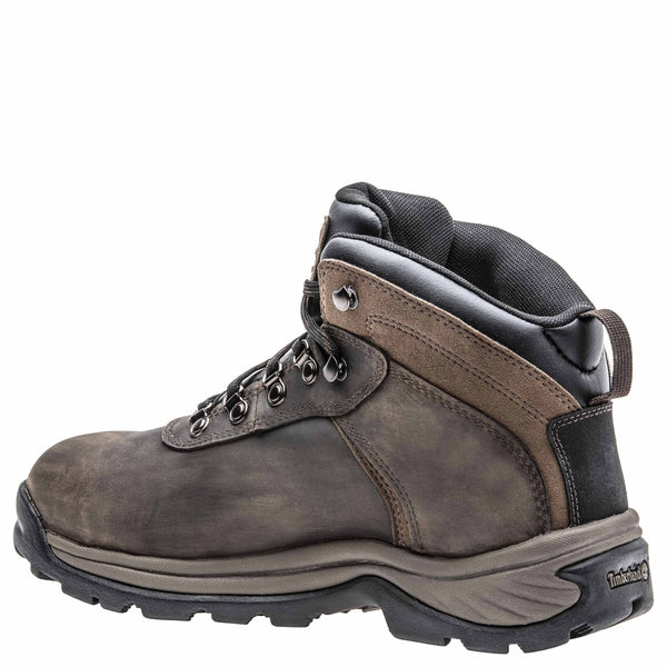 Mens greyish brown boot with tan/dark brown soles corner rear view