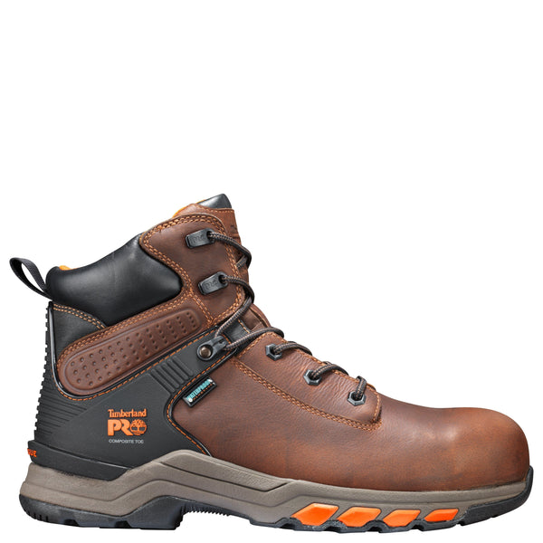 Mens brown workboot with tan sole and orange accents. Black heel with orange timberland logo