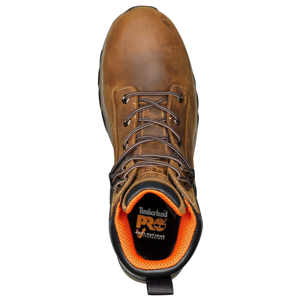 Mens brown workboot with tan sole and black heel with timberland orange pro logo top view