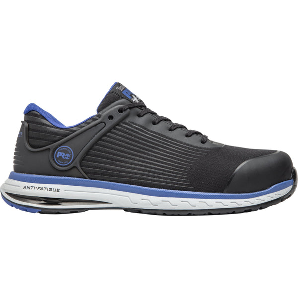 men's athletic grey shoe with horizontal line design. White soles and blue accents