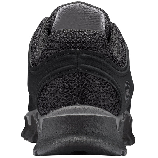 mens athletic shoe all black with hexagon pattern rear view