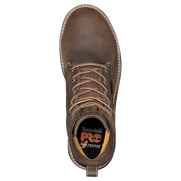 womens work boot with black sole and yellow stitching around segments. Black Timerland Pro logo top view