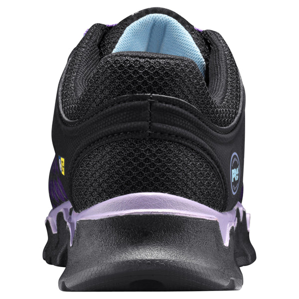 womens athletic purple shoe with hexagon pattern and black accents rear view