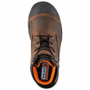 Men's brown workboot with black heel, sole, and toe etched with tire marks and pro logo top view