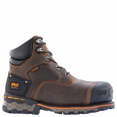 Men's brown workboot with black heel, sole, and toe etched with tire marks and pro logo right view