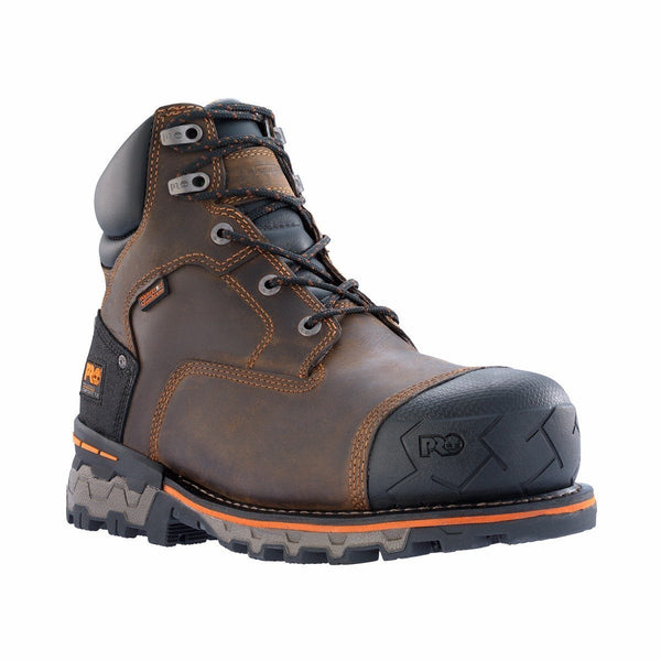 Men's brown workboot with black heel, sole, and toe etched with tire marks and pro logo